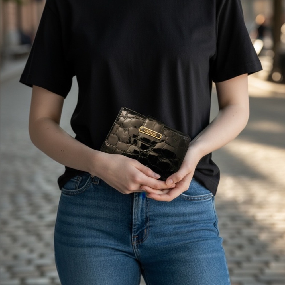 NEW Black Croc-Embossed Leather Wallet